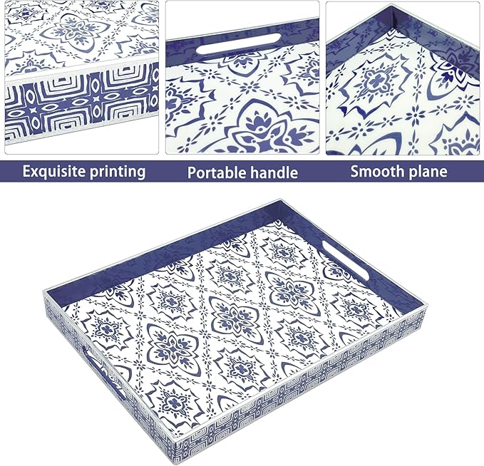 Serving Tray with Handles, 15.7 * 11.8 inches, Plastic Ottoman Tray with Exquisite Paintings, Trays for Coffee Table