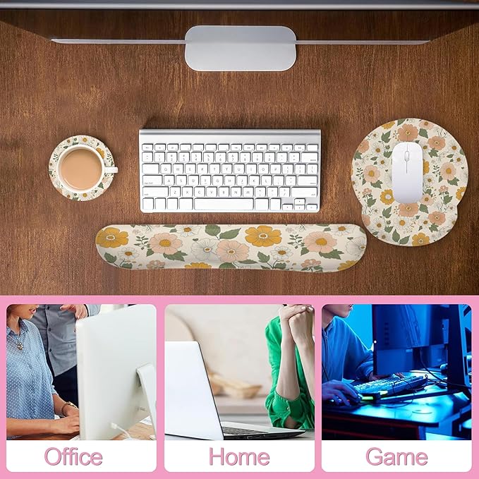 Retro Boho Groovy Flower Mouse Pad with Wrist Rest and Keyboard Wrist Rest Set, Non-Slip Rubber Base Memory Foam Mouse Pad Set for Women, Office Desk Accessories, Gaming