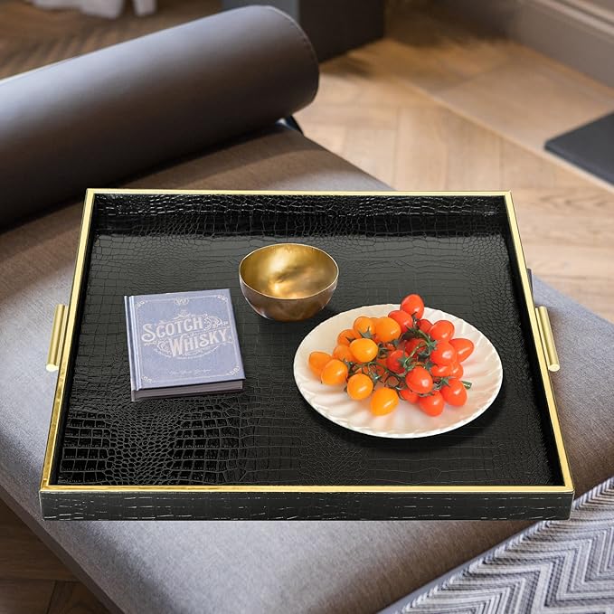 HofferRuffer Extra Large Square Serving Tray, Elegant Faux Leather Ottoman Tray with Gold Hardware Handles, Serve Tea, Coffee or Breakfast in Bed, 24 x 24 inches (Black Croco)