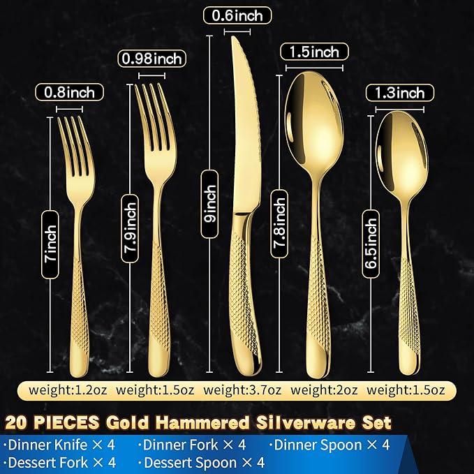 Lemeya 20-Piece Hammered Gold Silverware Set for 4 with Serrated Forging Knives,18/10 Stainless Steel Modern Flatware Set,Unique Cutlery Set Spoons and Forks Set,Mirror Polished,Dishwasher Safe