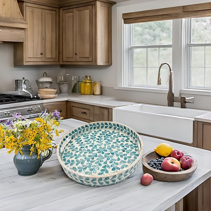 PEMAR 12.6” Mother of Pearl Round Serving Tray with Handles, Decorative Nacred Wooden Ottoman Coffee Table Tray (Teal Floral Pattern)