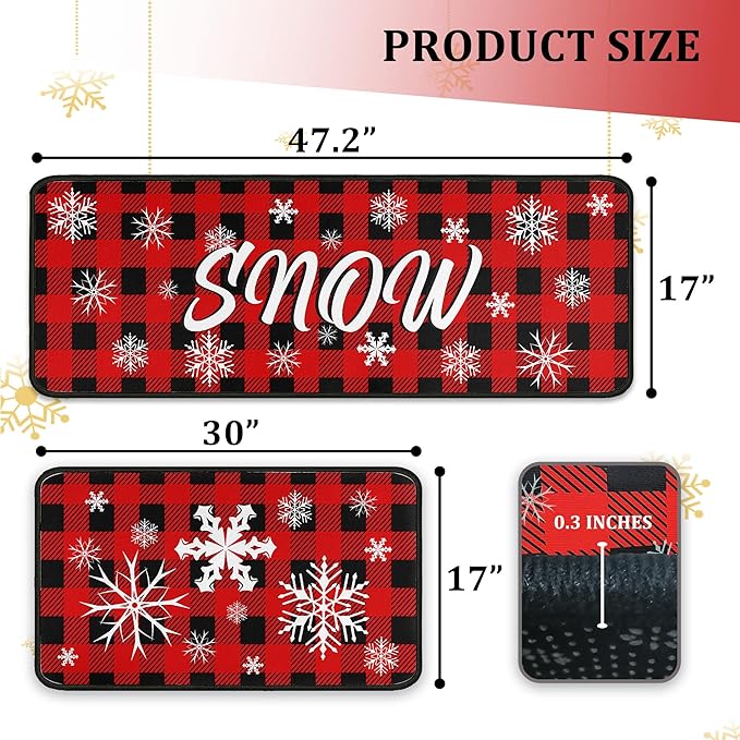 Buffalo Plaid Christmas Kitchen Rugs and Mats Set of 2 PCS, Xmas Snow Winter Holiday Party Low-Profile Floor Mat Merry Christmas Decorations for Home Kitchen - 17"x47"+17"x30"