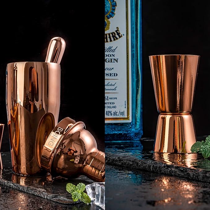Soing 11-Piece Rose Copper Bartender Kit,Perfect Home Cocktail Shaker Set for Drink Mixing,Stainless Steel Bar Tools with Stand,Velvet Carry Bag & Cocktail Recipes Cards (Rose Copper)