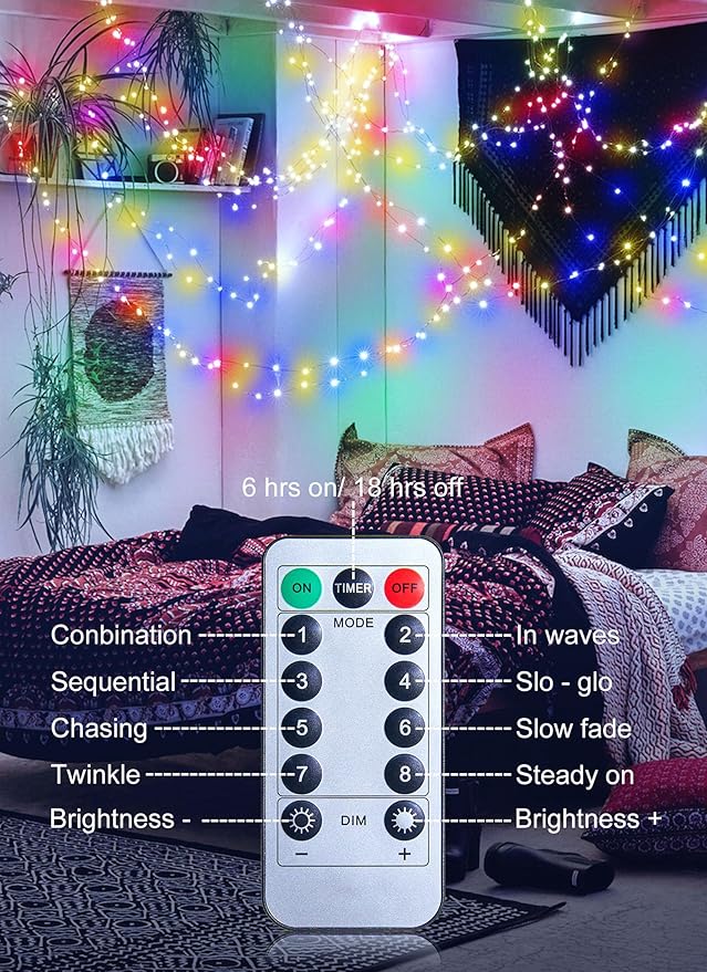 33Ft 100LED Outdoor String Lights, Fairy Lights Battery Operated with Remote, Waterproof Twinkle Lights for Bedroom Dorm Patio Tapestry Backyard Garden Party Indoor Christmas Decoration, Multicolor