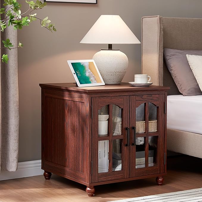 Farmhouse 24" End Table Set of 2 with Charging Station, Large Sofa Side Table with Glass Barn Door,Wood Night Stand with Adjustable Storage Shelf,Square Bedside Table for Living Room,Bedroom