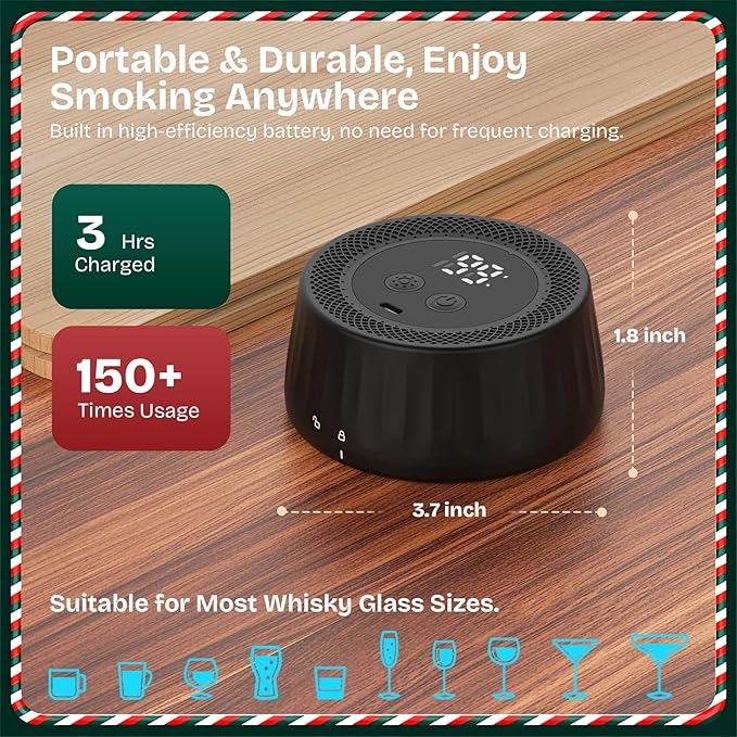 Electric Whiskey Smoker Kit with Led Lights, 4 Reusable Ice Cubes and 6 Flavors Natural Wood Chips, Old Fashioned Bourbon Smoker Kit for Home Bar, Bourbon Whiskey Gifts for Men, Dad, Husband