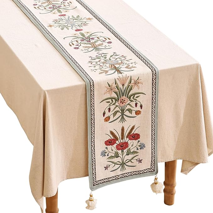 ISAENNE Designer French Country Linen Table Runner 87 Inches Long,Elegant Colorful Floral Pattern Table Runners for Dining Tables,Thanksgiving,Christmas,Kitchen Decor,12"*87"-Serenity F