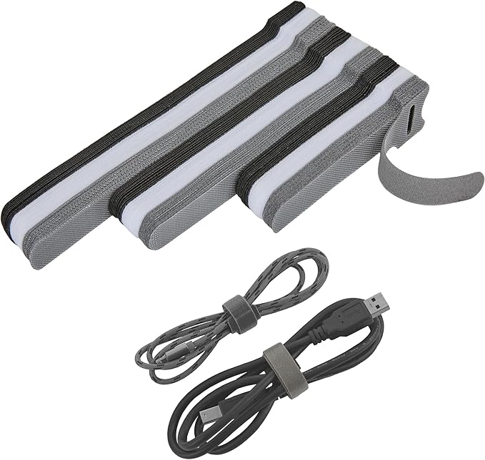 90 PCS Reusable Cable Ties with Hook and Loop, Multi-purpose Adjustable Cable Management Wire Ties Cable Straps for Organizing Home, Office and Data Centers (Black+White+Grey, 4"-6"-8")