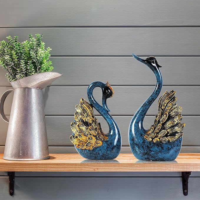 2pcs Swan Statues Couple's Home Decorations for Living Room Decor and Accessories, Sculptures Home Decor for Coffee Table, Book Shelf Decor Accents (Blue)