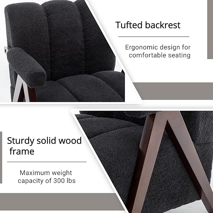 Mid Century Modern Accent Chairs Set of 2 with Solid Wood Frame, Boucle Upholstered Living Room Chairs with Thick Cushion, Comfy Tufted Arm Chair for Bedroom, Black