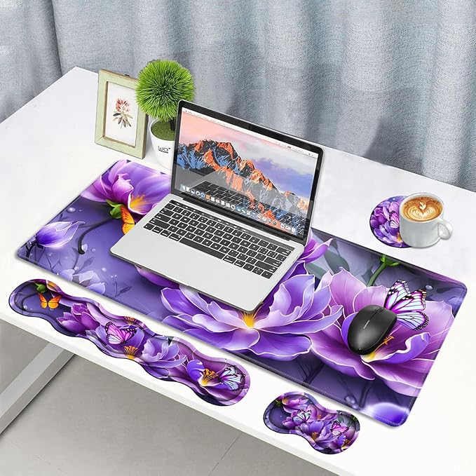 4 in 1 Ergonomic Memory Foam Mouse Pad Wrist Rest Set, Large XXL Gaming Desk Pad + Keyboard Wrist Rest + Mouse Wrist Cushion + Coaster for Home Office Study Gaming, Purple Flowers and Butterfly