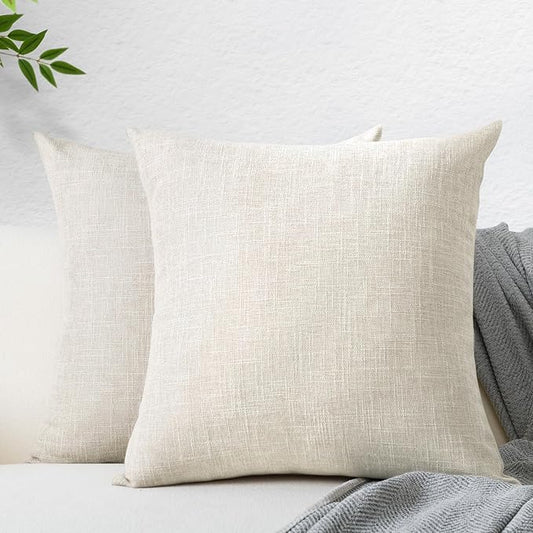 JIUZHEN Natural Beige 20x20 Inch Faux Linen Pillow Covers Set of 2, Neutral Farmhouse Cushion Covers for Sofa Bed, Washed Textured Zippered Pillowcase