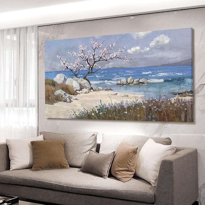 amatop Extra Large Coastal Canvas Wall Art for Living Room Abstract Blue Ocean Beach Seascape Picture Pink Flower Tree of Life Print Wildflower Botanical Nature Artwork Bedroom Office Decor 58x29 In