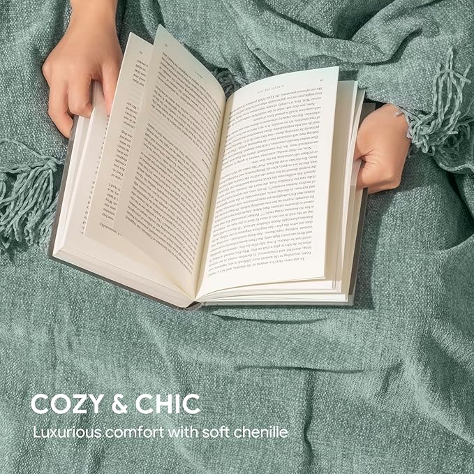 RECYCO Throw Blanket Soft Cozy Chenille Throw Blanket with Fringe Tassel for Couch Sofa Chair Bed Living Room Gift (Sage, 50'' x 60'')