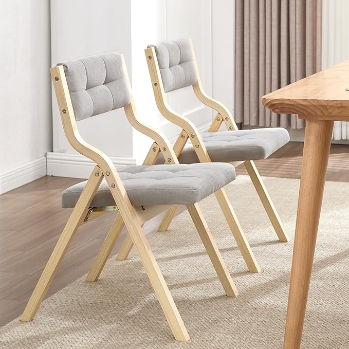 2-Pack Folding Dining Chairs with Cushion,Padded Foldable Dining Chairs,Portable Wooden Folding Chairs for Dining Rooms Kitchen Wedding and Party Indoor LIGHTGREY