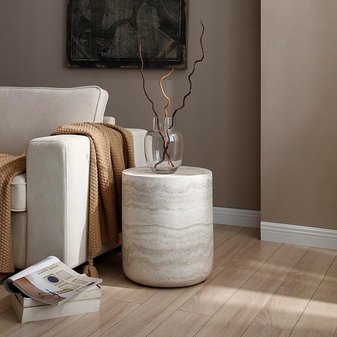 Marble Coffee Table, Modern Round Coffee Table, Circle Drum Coffee Tables, Fiberglass Center End Table for Living Room Apartment Office, No Assembly (15.74" Faux Marble)