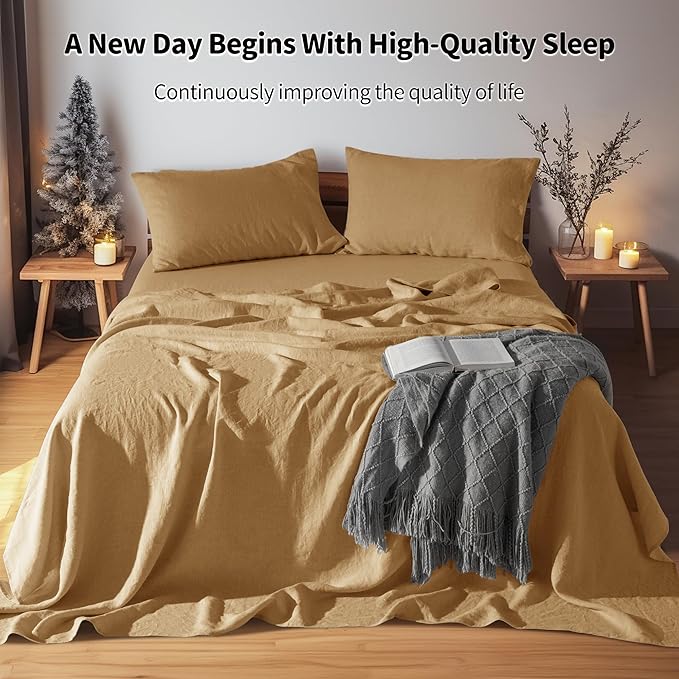 LBRO2M 100% Linen Sheet Set King Size,Bed Sheets 4 Piece Sets,Solid Color Natural Flax Bed Sheets Soft Breathable Bedding,16" Deep Pocket,All Season (King, Rust)