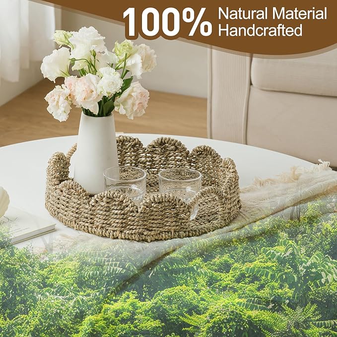 Wicker Tray, Handwoven Woven Tray with Handles and Scalloped Edge, Round Wicker Basket for Home Decor and Organizing, 13" L x 13" W x 3.5" H