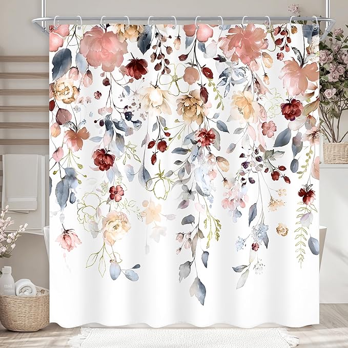 Floral Shower Curtain 72Wx72L Inch Coral Pink Colorful Flower Blue Eucalyptus Leaves Pretty Watercolor Pastel Bathroom Set Plant Botanical Country Bath Curtain Bathtub Accessories Home Decor