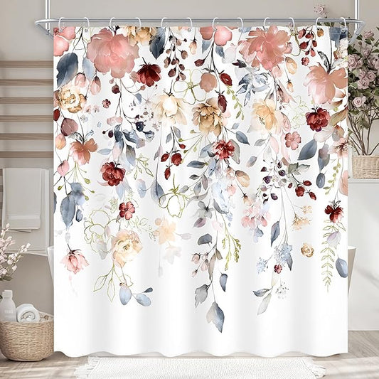 Floral Shower Curtain 72Wx72L Inch Coral Pink Colorful Flower Blue Eucalyptus Leaves Pretty Watercolor Pastel Bathroom Set Plant Botanical Country Bath Curtain Bathtub Accessories Home Decor