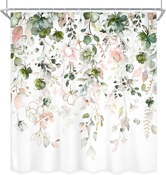 Green Pink Floral Flower Shower Curtain 72Wx84L Inch Summer Wildflower Rustic Eucalyptus Leaves Watercolor Plant Bathroom Set Elegant Botanical Bath Curtain Bathtub Accessories Home Decor