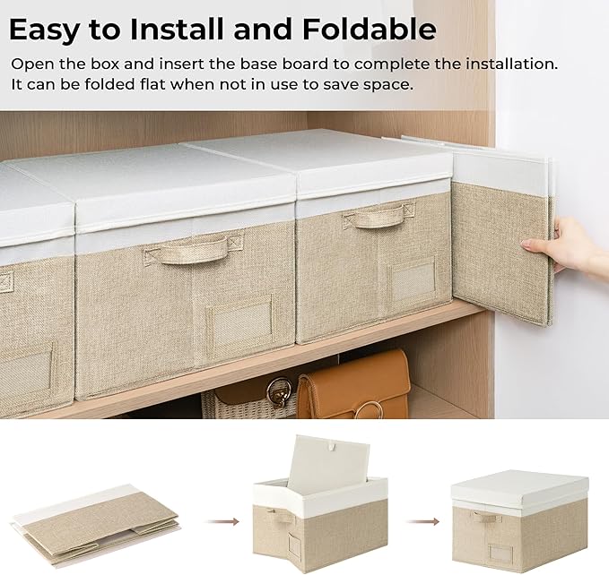 GRANNY SAYS Storage Bins with Lids, Storage Baskets for Linen Closet Shelves, Decorative Storage Boxes, Clothes Storage and Organization for Organizing, 3-Pack, Large, Khaki&Ivory