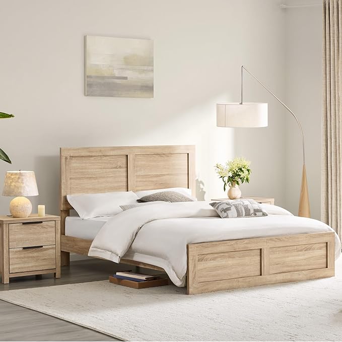 21" Farmhouse Nightstand Set of 2 with Charging Station 2 Drawers Large End Table with Metal Handle Rustic Low Night Stand Wood Dresser for Living Room Bedroom Closet,Natural Oak