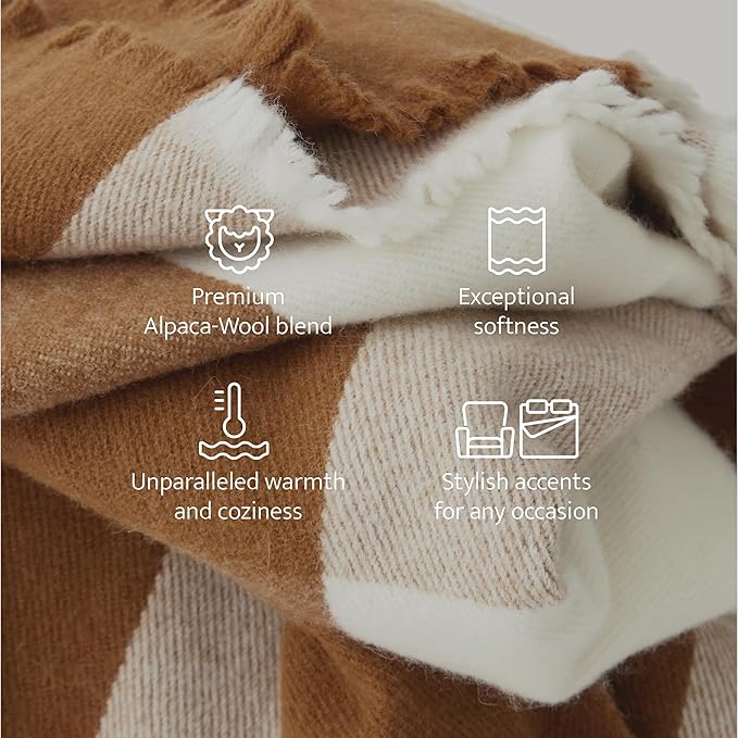 Double Stitch Alpaca Wool Throw Blanket - Warm, Soft Blanket for Couch, Luxury & Decorative Fleece Throw, Fall Plaid, Gift for Mother's Day, House Warming, 50" x 60", Harvest Brown & Cream