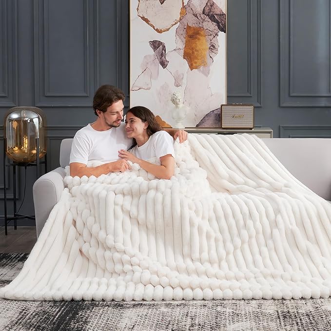 Cozy Bliss Faux Fur Throw Blanket for Couch, Cozy Warm Plush Striped Blanket for Sofa Bedroom Living Room, 108 * 90 Inches Cream White