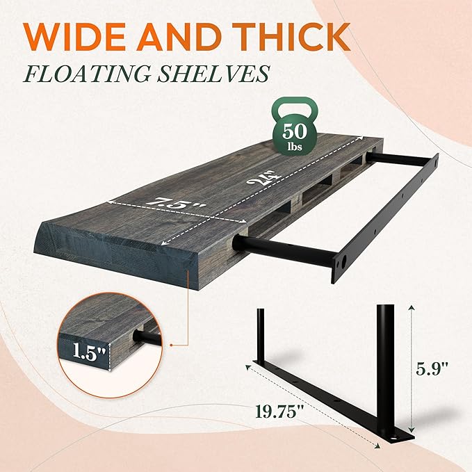 24" Acacia Live Edge Floating Shelves Set of 2 - Wall Mounted Wooden Shelf for Stylish Home Décor - Mocha Color 24x7.5x1.5 Inches