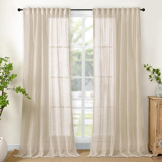 YoungsTex Linen Semi Sheer Curtains 84 Inches Long for Living Room 2 Panels, Oatmeal Window Treatments Natural Textured Light Filtering with Rod Pocket Back Tab for Farmhouse Bedroom, 52 X 84 Inch
