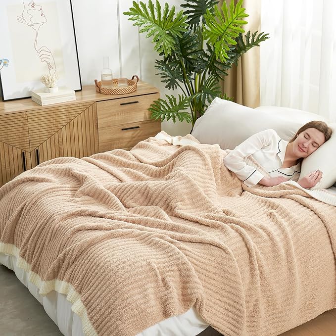 Snuggle Sac Luxury King Size Blanket for Bed, Cozy Soft Fuzzy Microfiber Knit Stripe Bedding Blankets, Beige, 108x90 inches
