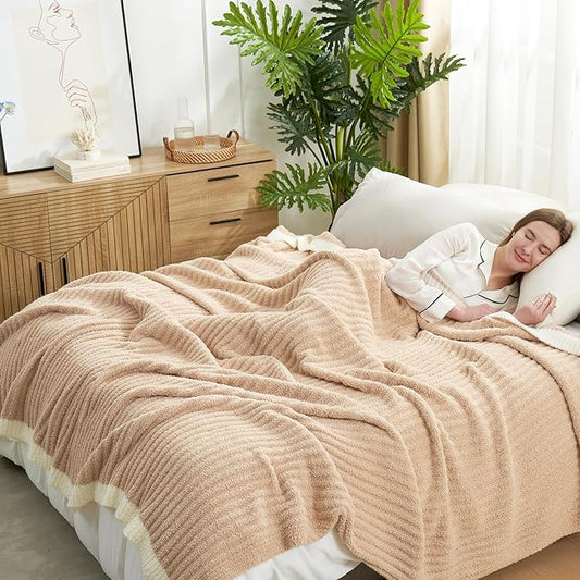 Snuggle Sac Luxury King Size Blanket for Bed, Cozy Soft Fuzzy Microfiber Knit Stripe Bedding Blankets, Beige, 108x90 inches
