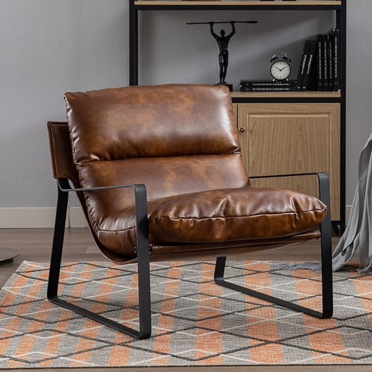 HEAH-YO Modern Accent Chair Set of 1, PU Faux Leather Lounge Chair with Soft Seat Cushion and Solid Metal Frame, Comfy Living Room Chair Reading Chair for Bedroom, Brown