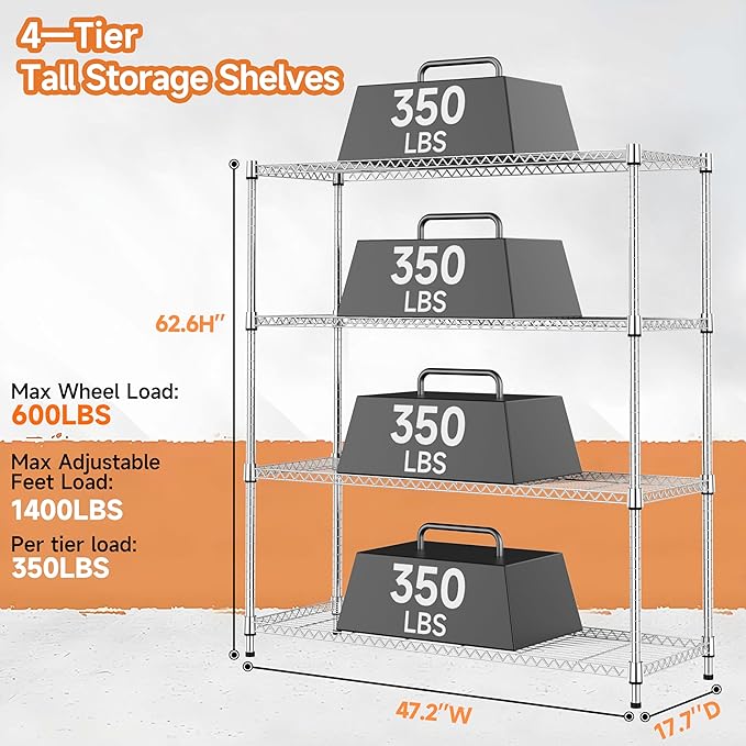 4 Tiers Storage Shelves Load 1400LBS, Metal Shelving Wire Metal Shelving Unit Shelves for Storage Adjustable Garage Shelving for Pantry Kitchen Garage Chrome 17.7" D x 47.3" W x 62.7" H
