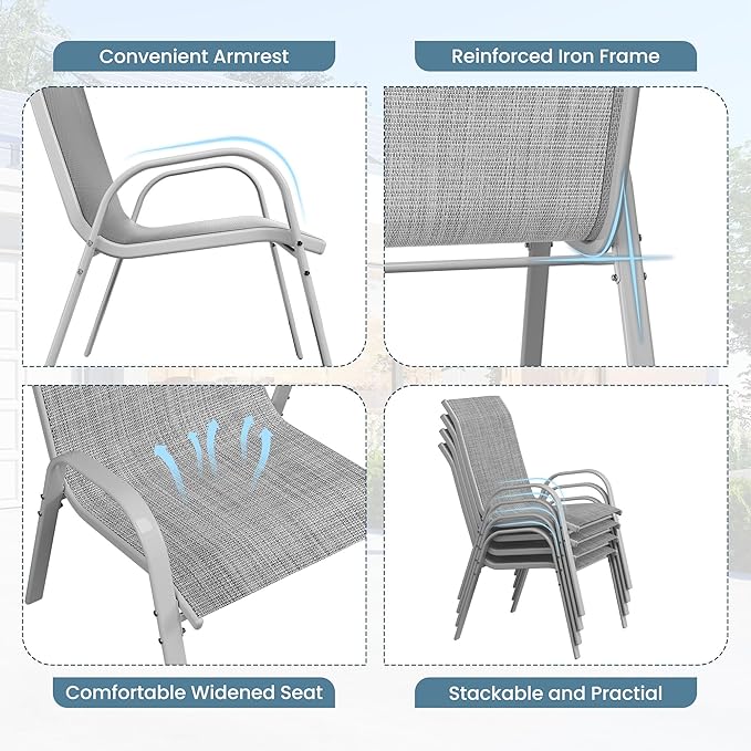 Amopatio Patio Chairs Set of 8, Outdoor Stackable Dining Chairs for All Weather, Comfortable Breathable Garden Outdoor Furniture for Backyard Deck, Grey & White