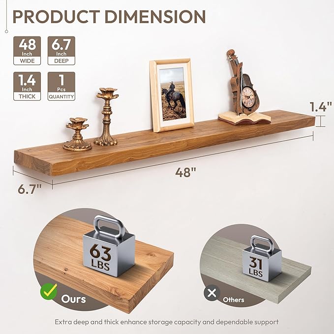 Marsmiles 48 inch Floating Shelves for Wall Solid Elm Wood Wall Mounted Shelves|Rustic Long Floating Shelves with Invisible Bracket for Bathroom Living Room Kitchen|Natural, 1 Pack