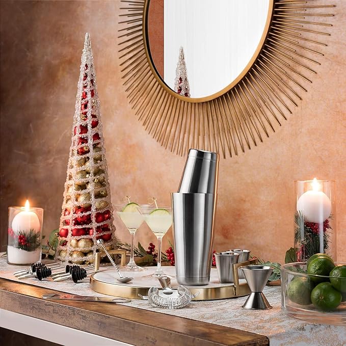 Cocktail Shakers Set, 14 Piece Stainless Steel Bar Tools Kit with Shaking Tins, Flat Bottle Opener, Double Bar Jigger, Hawthorne Strainer, Shot Glasses, Bar Spoon, and 6 Pour Spouts.