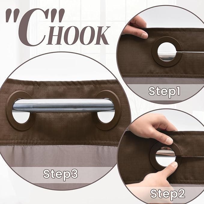 No Hook Slub Textured Shower Curtain with Snap in Liner - Chocolate Fabric Outer Curtain & Waterproof Inner Liner, Hotel Style with See Through Top Window, 71x74 in