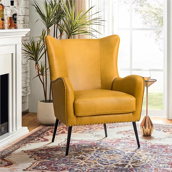 HULALA Home Faux Leather Accent Chair w/Removable Cushion, Comfy Upholstered Armchair with Black Metal Legs & Nailhead Trim Wingback Vanity Chair Desk Chair for Reading Living Room Bedroom, Yellow