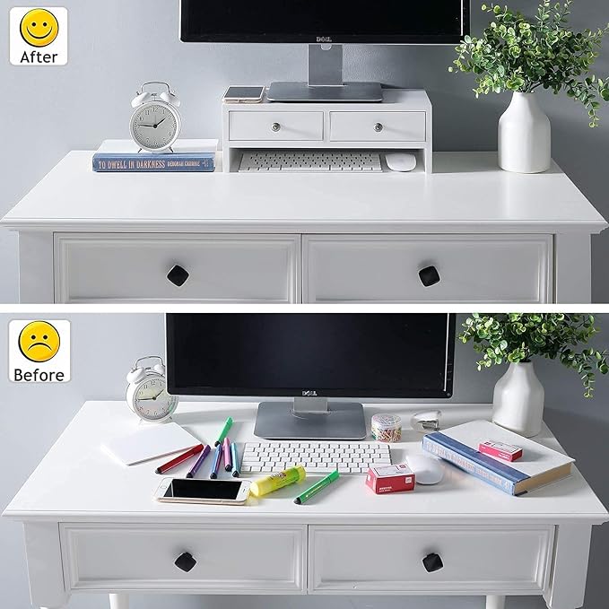 WELLAND Monitor Stand Riser with Drawers, Computer Monitor Stand, Desktop Organizer Stand for Laptop, PC, Office Supplies, White
