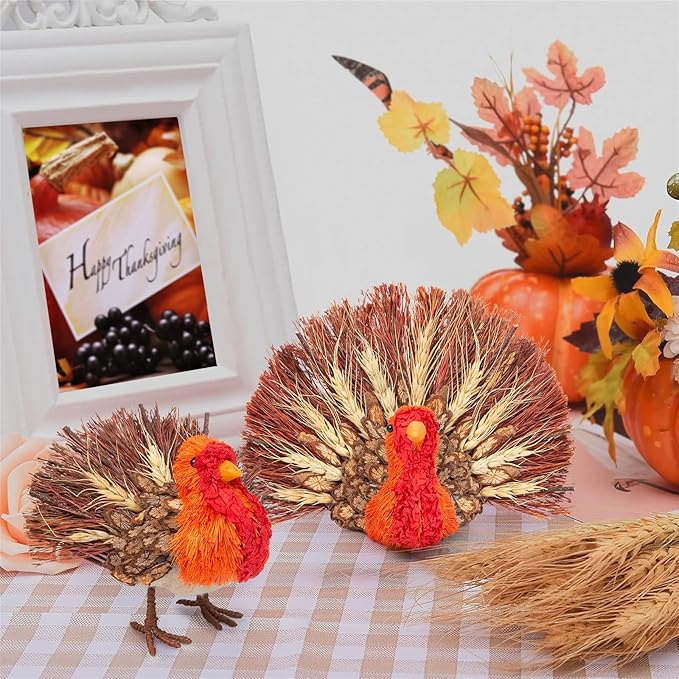 Thanksgiving Decorations Indoor, Set of 2 Turkey Decorations for Table, Natural Material Turkey Decor for Home, Thanksgiving Fall Harvest Home Decor