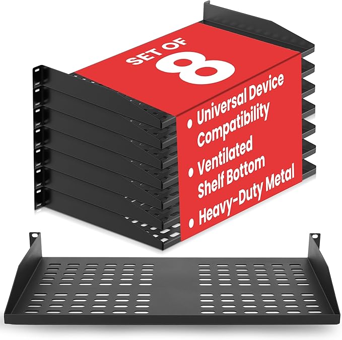 Pyle 19-Inch 1U Server Rack Shelf - 8 pcs. Vented Metal Shelves for Optimal Airflow, Wall or Rack MountableSupports up to 110 lbs, 17 x 10’ Shelf Tray for Cabinets, Computers & Network Equipment