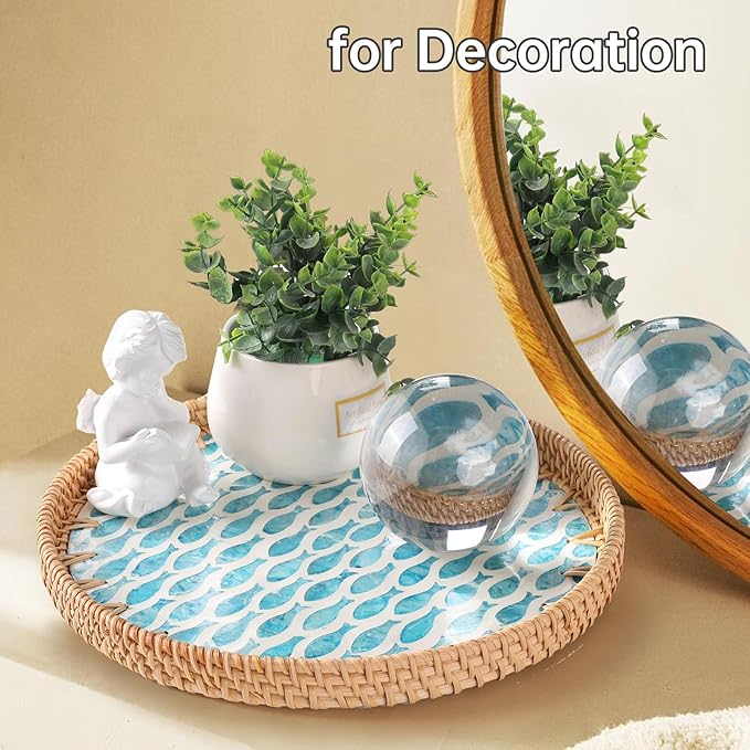 Round Rattan Tray with Mother of Pearl Inlay, Rattan Serving Tray for Coffee, Bread, Fruits, Decorative Wicker Tray for Table Decor, Home Decor, Kitchen Island Decor (Turquoise Fish, 11.8")