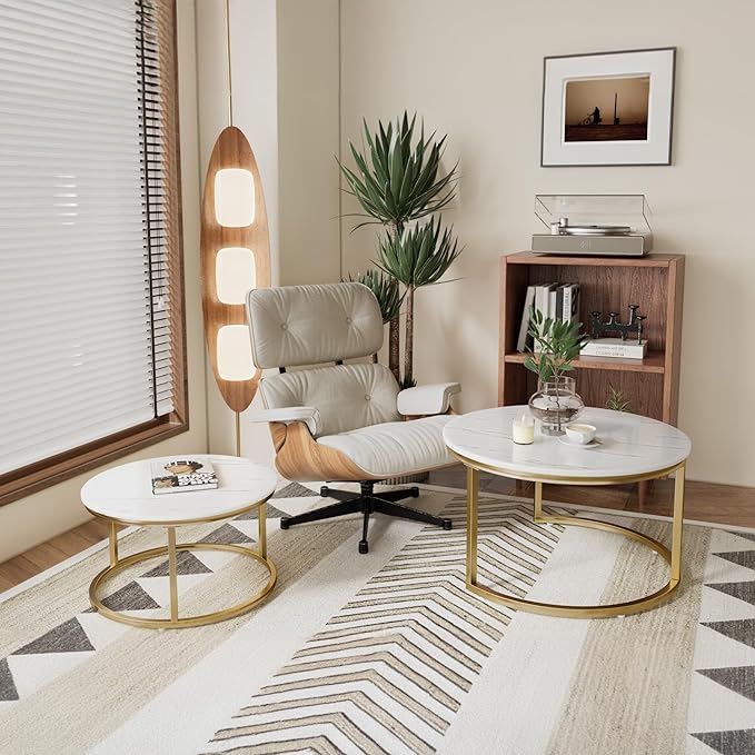 Nesting Tables Set of 2, 31.5" Round Coffee Table, Small Nesting Coffee Table with Adjustable Non-Slip Fee, White Marble Top Stack Nesting Tables Set of 2 for Living Room, Bedroom (White)