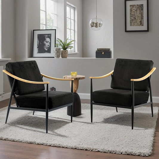 Modern Accent Chairs Set of 2 for Living Room Bedroom Mid Century Arm Chairs Upholstered Office Accent Chairs Comfy Waiting Room Chairs with Metal Frame, Black