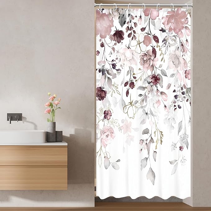 Small Stall Floral Flower Shower Curtain 36Wx72L Inch RV Narrow Grey Pink Floral Eucalyptus Leaves Watercolor Wildflower Plant Bathroom Set Rustic Bath Curtain Bathtub Accessories Home Decor