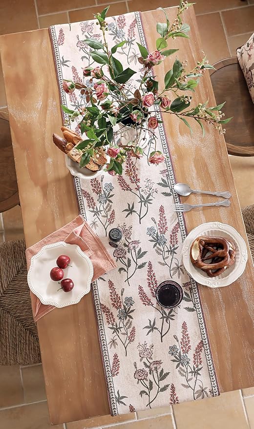 ISAENNE Designer Light Beige Linen Table Runner 102 Inches Long,Vintage Floral Wrinkle Resistant Decor Table Runners for Dining Tables,Christmas,Thanksgiving,Kitchen Tables,12"*102"-Helena A