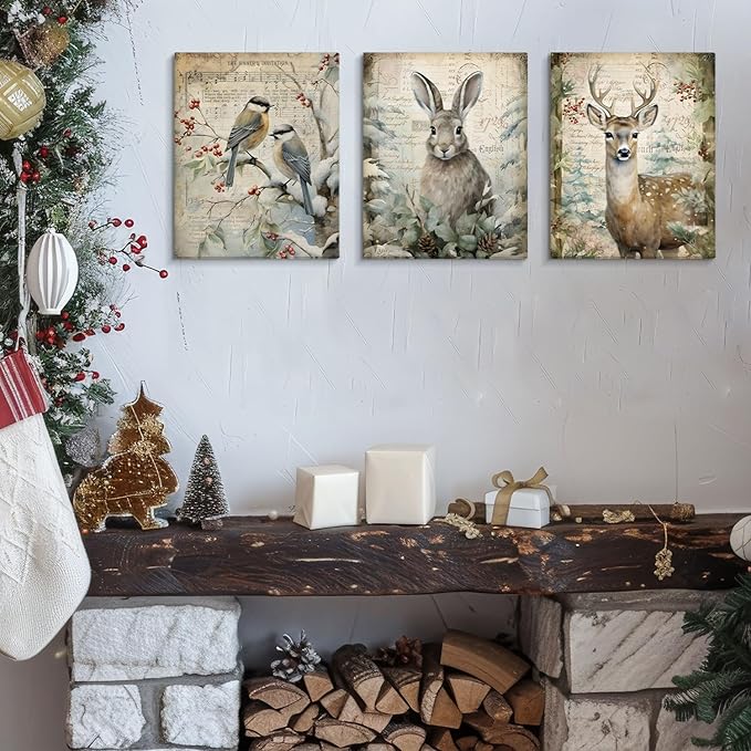 DSHFG Vintage Winter Woodland Animals Wall Decor, Woodland Animals Canvas Wall Art Decor Framed Set of 3, Winter Rabbit Wall Decor for Home Farmhouse Living Room, Housewarming Gifts 14x11 Inch