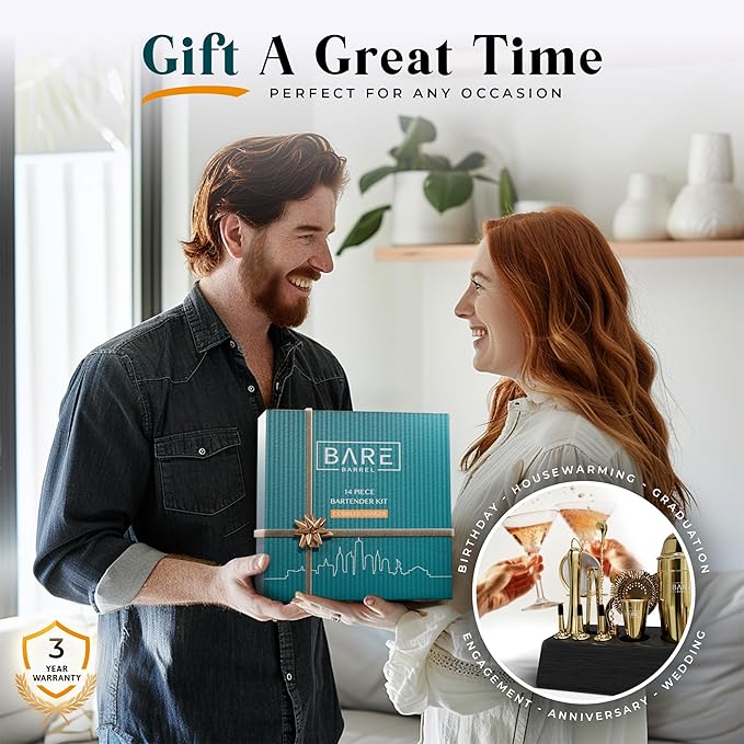 BARE BARREL® Mixology Bartender Kit Bar Set | 14-Piece Cocktail Shaker Set | Martini Barware Mixing Tools for Home Bartending | Incl. 35 Recipe Cards | Gift Set (24oz Cobbler Shaker, Gold/Black)